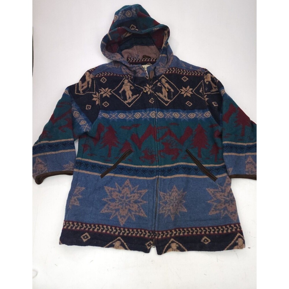VTG LL Bean Coat Hooded Jacket Fair Isle Nordic Wool Blend Womens XL 3/4 Sleeve